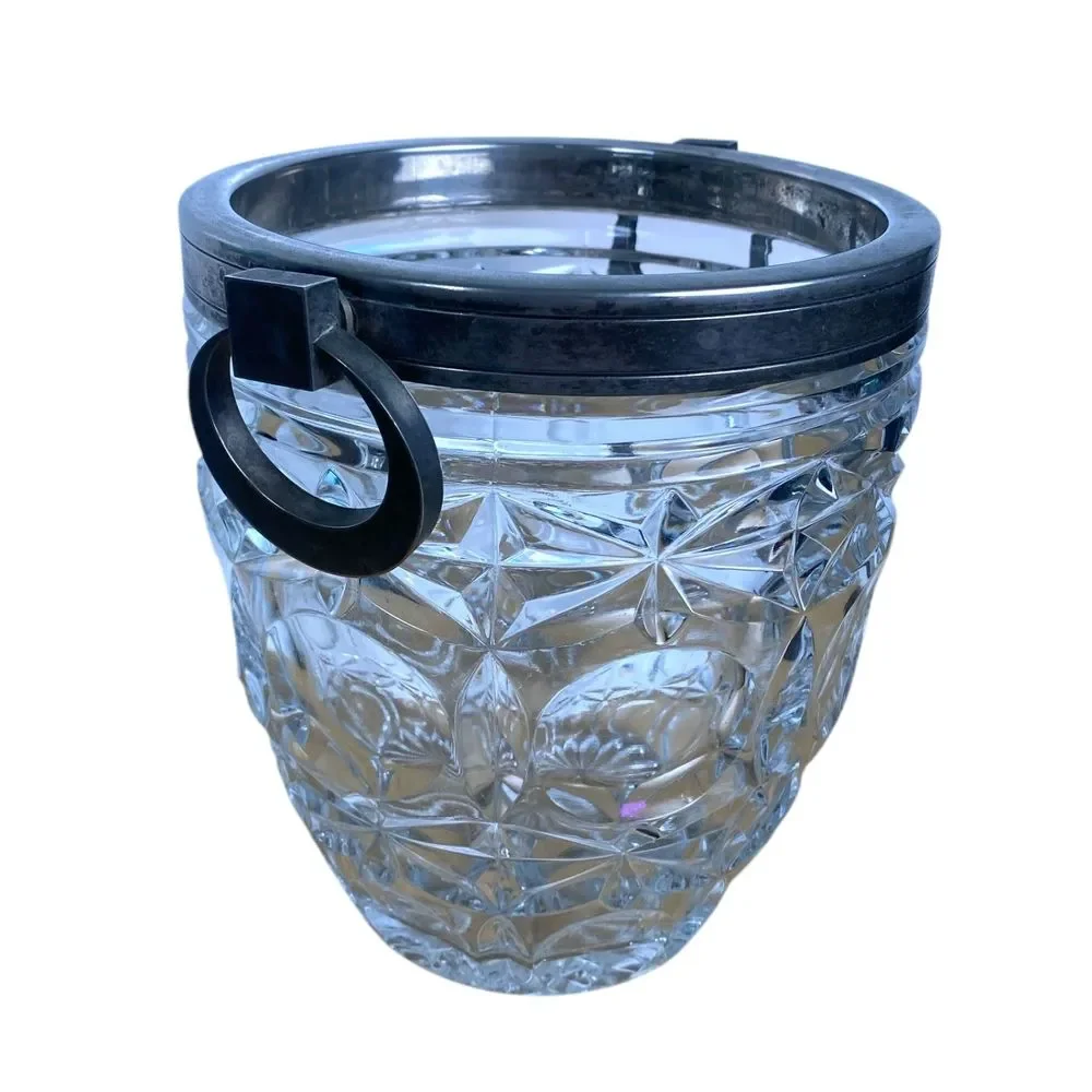 Vintage French Cut‎ Glass Ice Bucket Silver Plate Ring Handles Barware Heavy- SS